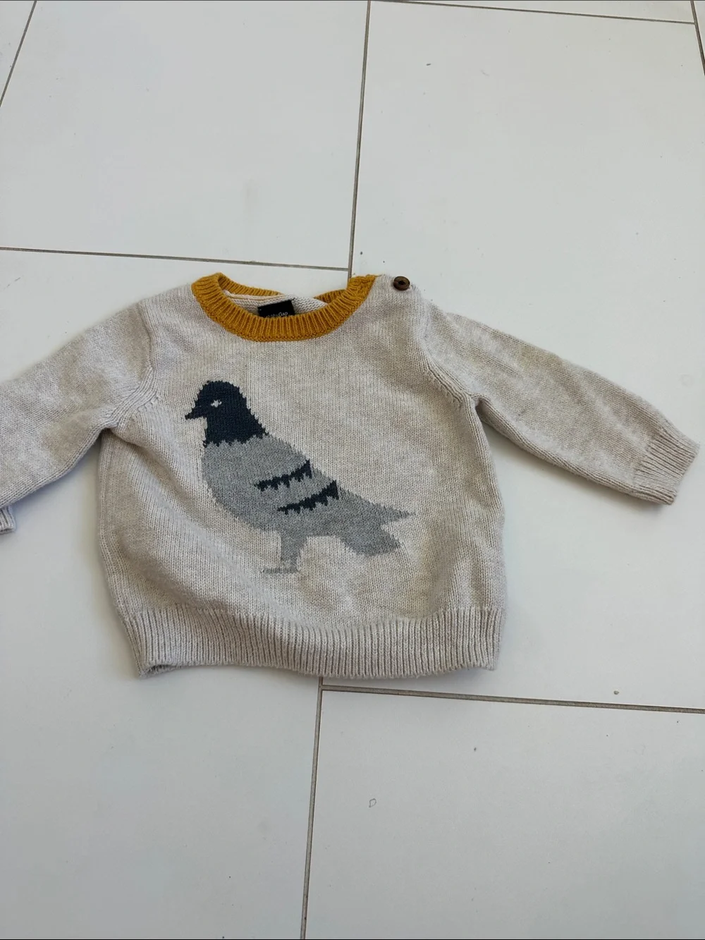Gap Kids Pigeon Intarsia Knit Sweater - Beige with Mustard Trim 3/6m baby